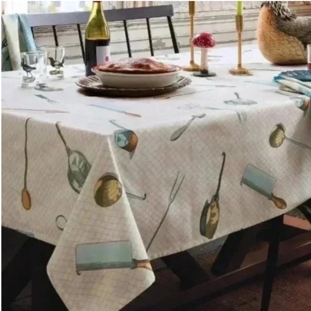 🆕 John Derian tablecloth Cutlery Toss Print Rectangle cotton linen 60in x 84in